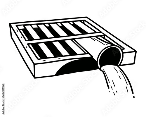 Industrial Drainage Grate Vector ,  Bold Black and White Water Flow Pipe with Grate Cover Illustration