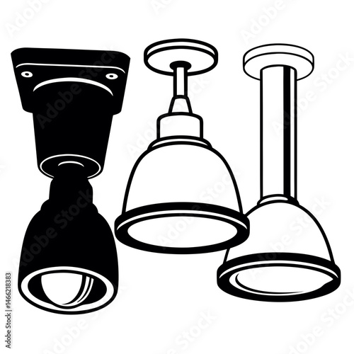 Ceiling Pendant Light Vector , Bold Black and White Industrial Hanging Lamp Set Illustration