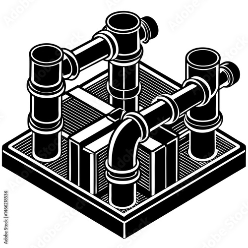 Industrial Pipe System Vector Silhouette , Plumbing Structure with Elbow Joints Icon