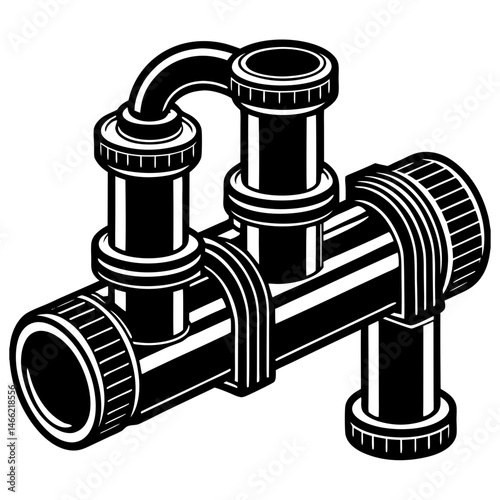  Complex Industrial Pipe System Vector Silhouette , Plumbing Network with Elbow Joints Icon