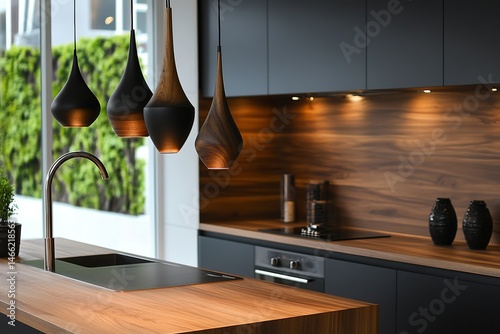 Modern luxury kitchen interior with wood and matte black finishes, sleek pendant lighting, and natural greenery outside the window photo