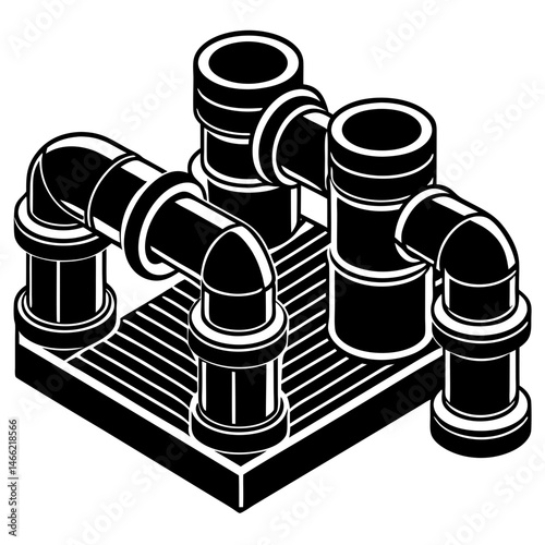 Industrial Pipe System Vector Silhouette , Plumbing Structure with Elbow Joints Icon