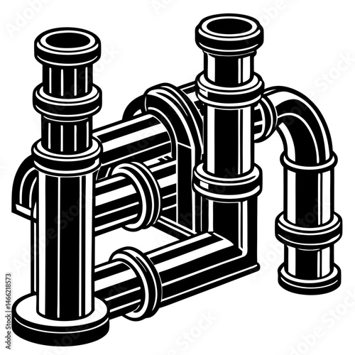  Complex Industrial Pipe System Vector Silhouette , Plumbing Network with Elbow Joints Icon