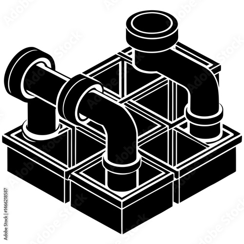 Industrial Pipe System Vector Silhouette , Plumbing Structure with Elbow Joints Icon