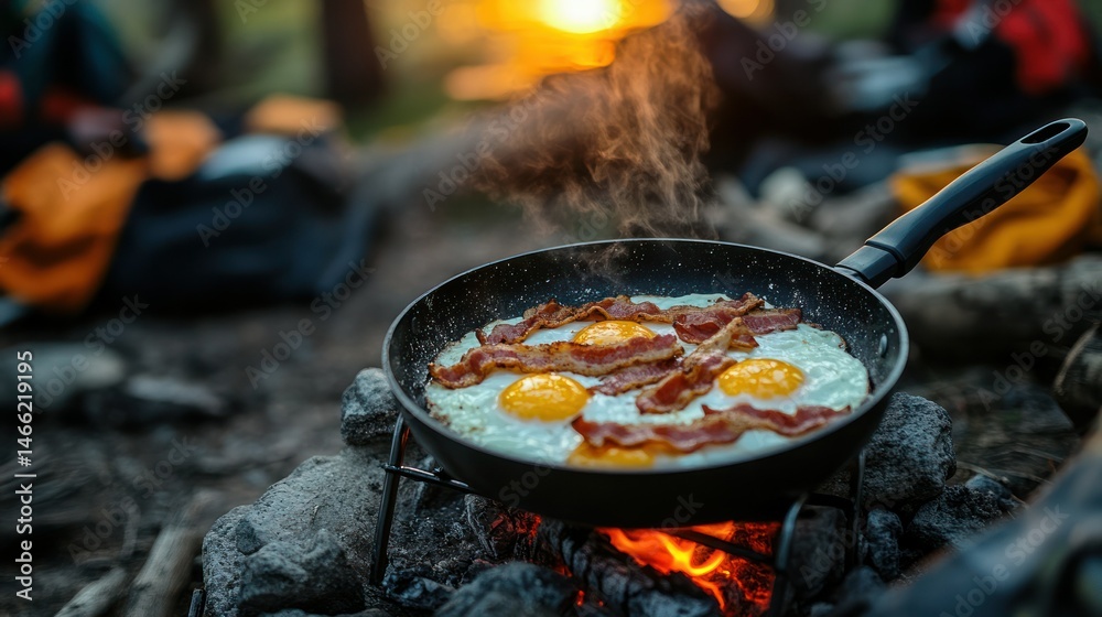 Fototapeta premium Close-up of sizzling frying pan with crispy bacon and sunny side up eggs cooking over open campfire at sunrise, outdoor breakfast, outdoor cooking, wilderness