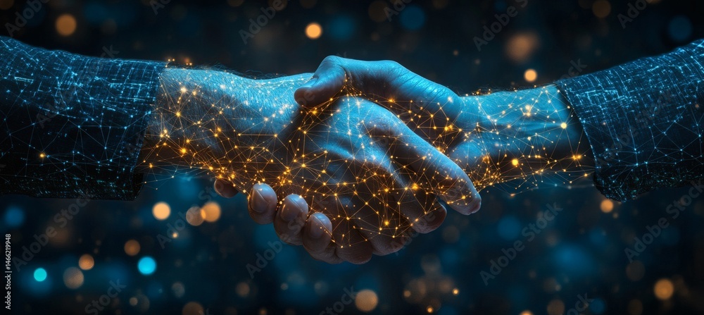 Abstract digital handshake symbolizing business collaboration and partnership on blue background with geometric network design