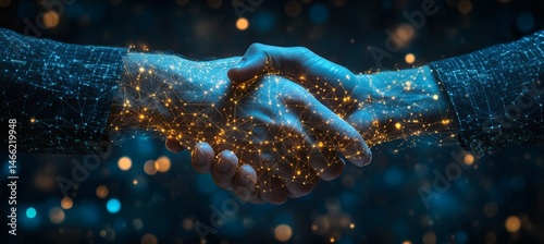 Abstract digital handshake symbolizing business collaboration and partnership on blue background with geometric network design
