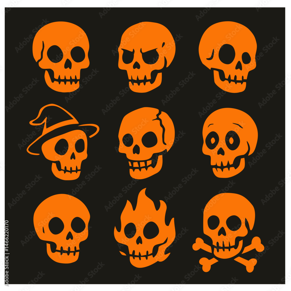 skull and crossbones
Set of 9 orange skulls with black background. Skulls for halloween skull and crossbones
Set of 9 orange skulls with black background. Skulls for halloween
