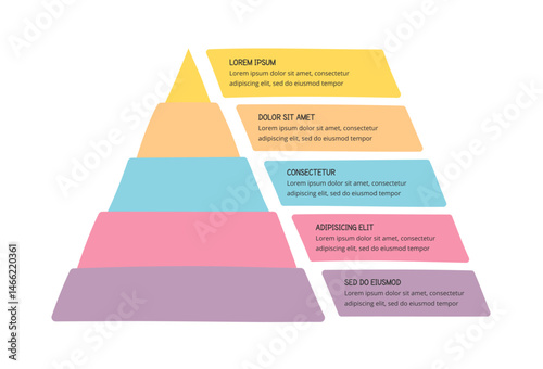 Hand drawn pyramid diagram with 5 colored segments, vector eps10 illustration