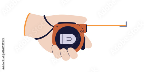 Tape measure in hand. Holding and using measurement tool, meter roulette. Repair and building work instrument for precise length, size. Flat vector illustration isolated on white background