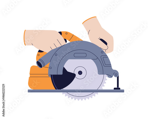 Hands holding circular saw with cutting disc. Electric power tool, woodworkin...
