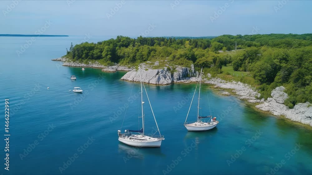Sailboats anchored near rocky coastline, clear blue sea, lush green island Sailboats anchored near rocky coastline, clear blue sea, lush green island