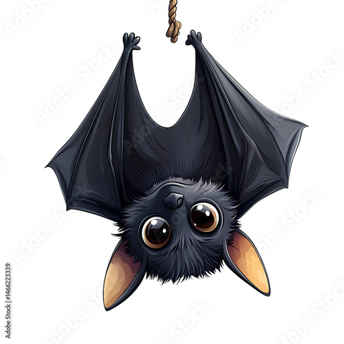 Cartoon Bat Hanging Upside Down on String Isolated on Transparent Background