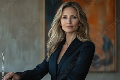 Confident businesswoman in a dark suit, posing elegantly against an abstract art background. Free Download Confident businesswoman in a dark suit, posing elegantly against an abstract art background. - GFXLoad