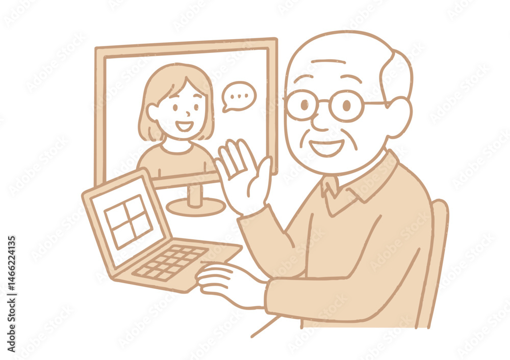 自宅でオンライン通話を楽しむシニア男性のイラスト