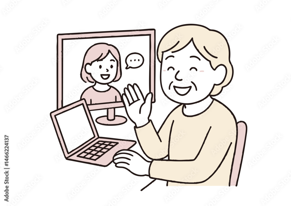 自宅でオンライン通話を楽しむシニア女性のイラスト