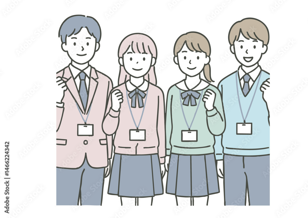 笑顔で並ぶ高校生グループのイラスト