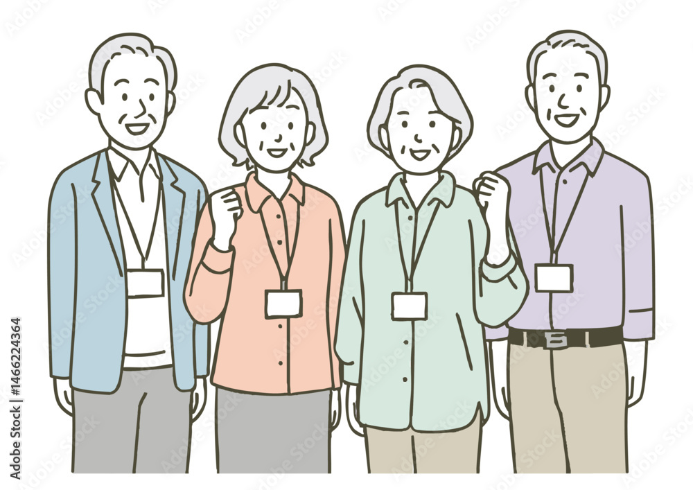 笑顔で並ぶシニア男女のグループイラスト