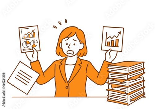 多量の仕事量に追われて困惑する女性ビジネスマン