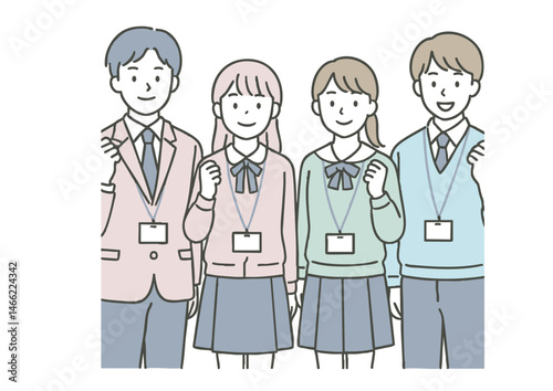 笑顔で並ぶ高校生グループのイラスト