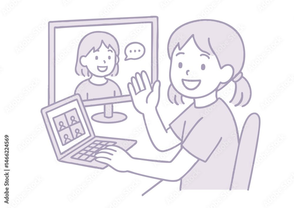 自宅でオンライン会話を楽しむカジュアルな女の子のイラスト