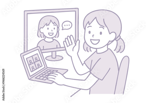 Obraz na płótnie 自宅でオンライン会話を楽しむカジュアルな女の子のイラスト w salonie