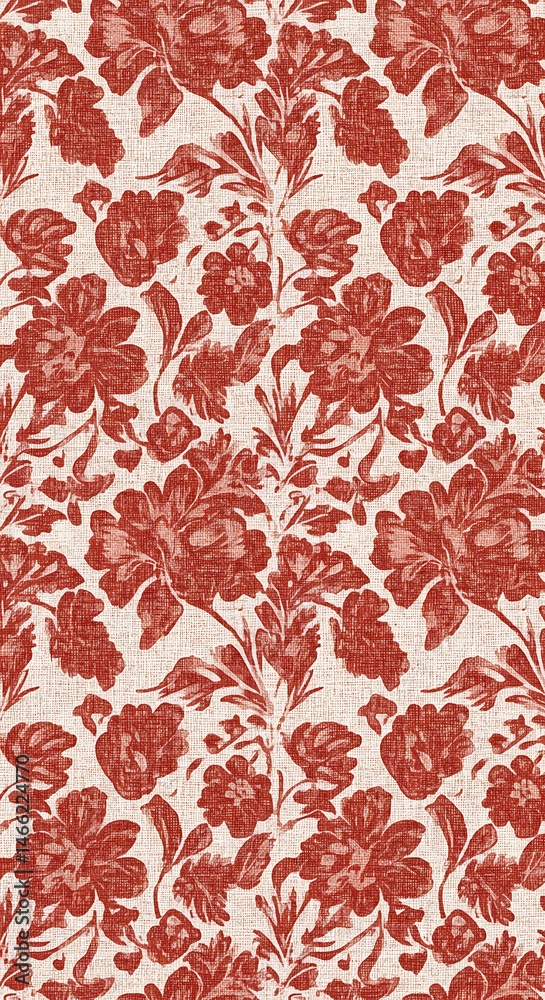 Crimson Floral Textile: Elegant Damask Pattern Crimson Floral Textile: Elegant Damask Pattern