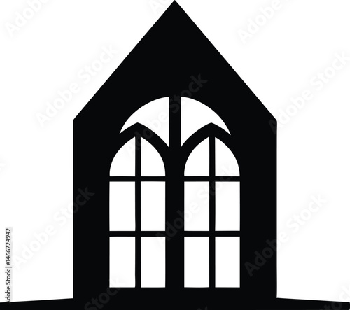 church window silhouette vector illustration, Catholic Arch Church window black symbol 