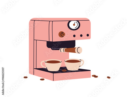 Cute coffee machine with cups of hot beverage. Pink coffe maker with mugs of drink, cappuccino. Cofee preparing appliance, coffeehouse equipment. Flat isolated vector illustration on white background