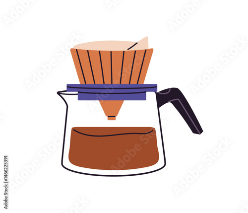 Glass pot with pour over for preparing filter coffee. Brewer for making drip coffe. Coffeehouse utensil to brew hot beverage, caffeine drink. Flat isolated vector illustration on white background