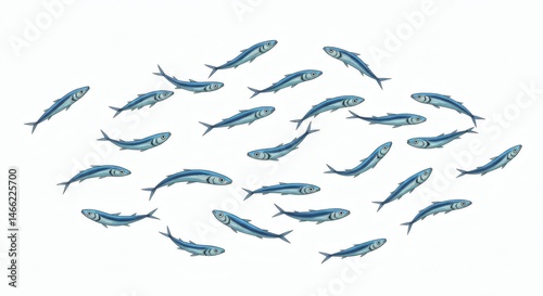 AI image illustrates a school of stylized blue anchovy or sardine fish swimming together, isolated on a clean white background.