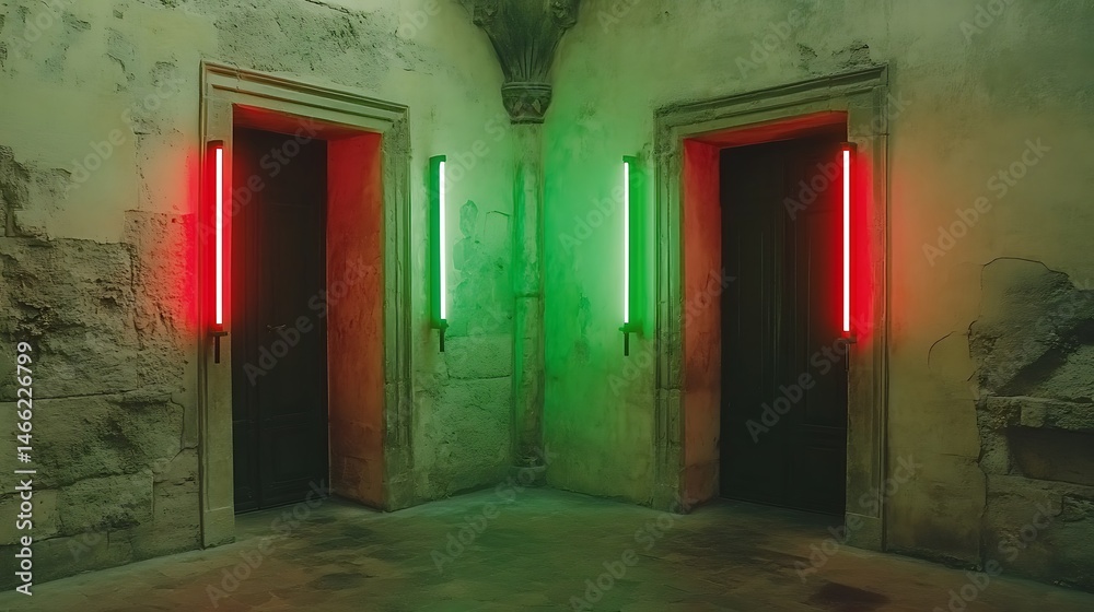 Fototapeta premium Two doors in a ruined corridor, neon lights