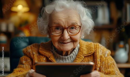 Elderly woman using tablet closeup portrait