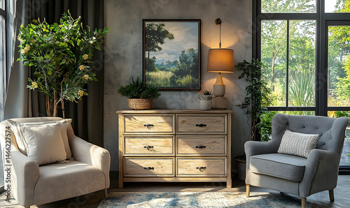 Elegant home interior design rustic cabinet beige armchair