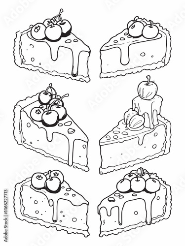 Piece of cheesecake with berry jam line art drawing.eps