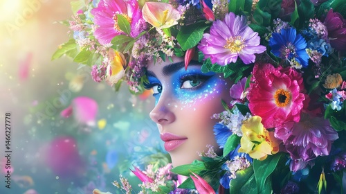 Elegant fantasy character with glowing blue skin tones and a vibrant wreath of flowers against a misty backdrop