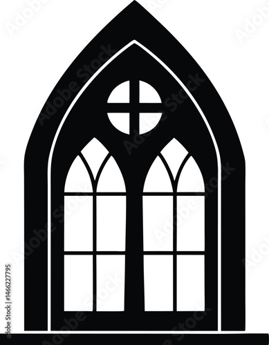 church window silhouette vector illustration, Catholic Arch Church window black symbol 