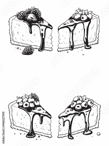 Piece of cheesecake with berry jam line art style.eps