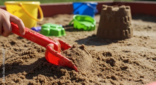 AI image of a child's hand with a red shovel digging in a sandpit, with colorful buckets and sandcastle nearby.