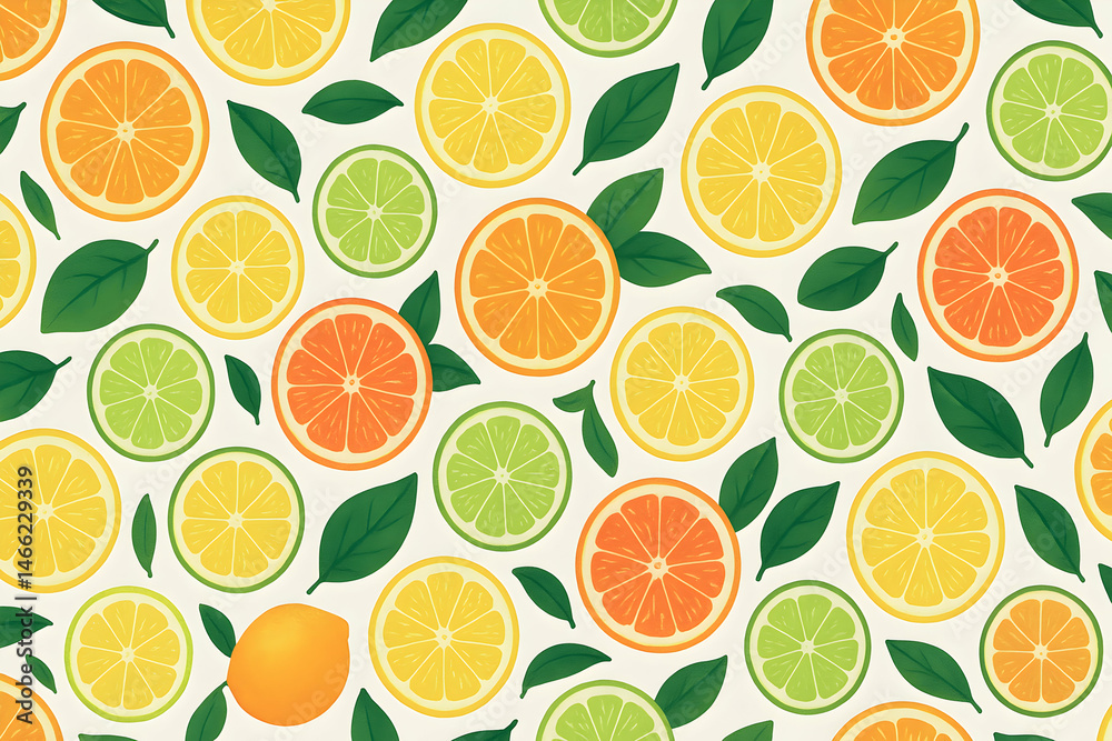Obraz premium Colorful citrus fruits pattern with green leaves.