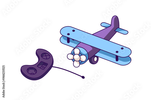 Toy aircraft with remote control. Childish radio controlled plane. Kids airplane with RC. Child plastic aeroplane to play games on playground. Flat isolated vector illustration on white background