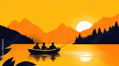 Serene Sunset Fishing Three Friends Enjoying a Peaceful Evening on the Lake