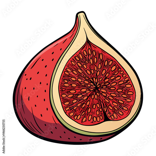 Red fig fruit is sliced in half, revealing vibrant pulp against a transparent backdrop