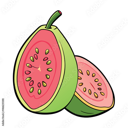 Two guava fruit halves with pink flesh and yellow seeds display a vibrant presence