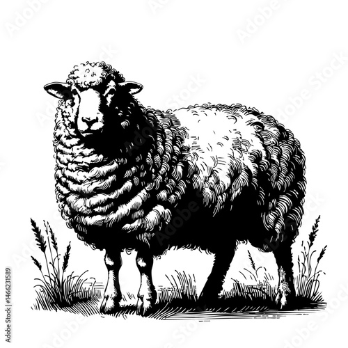 Vintage black and white ink illustration of a sheep standing, isolated on white background, rustic countryside farm style, detailed classic sketch.