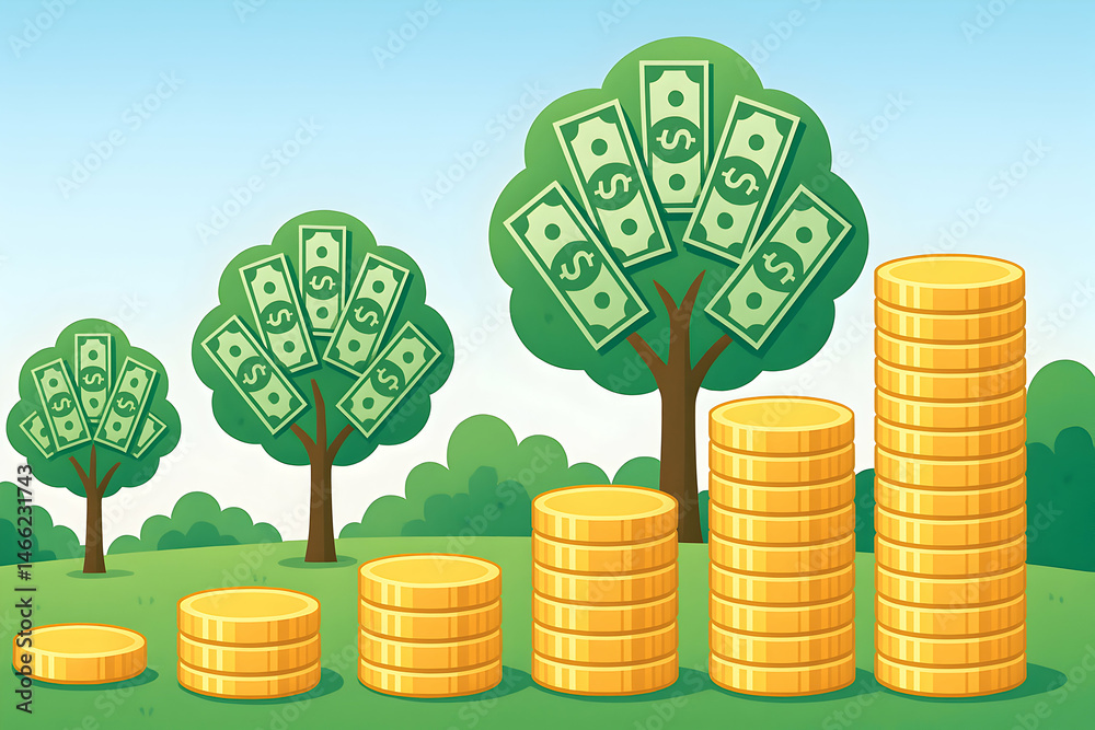 Growth of wealth illustrated with trees and coins.