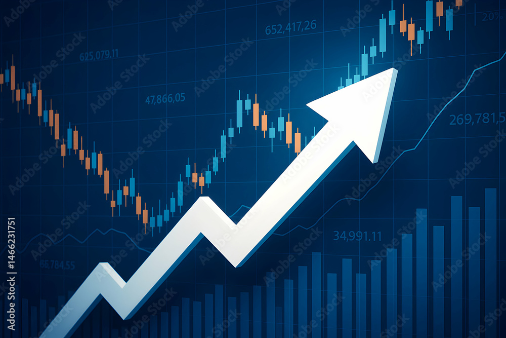 Growing financial graph with upward trend arrow.