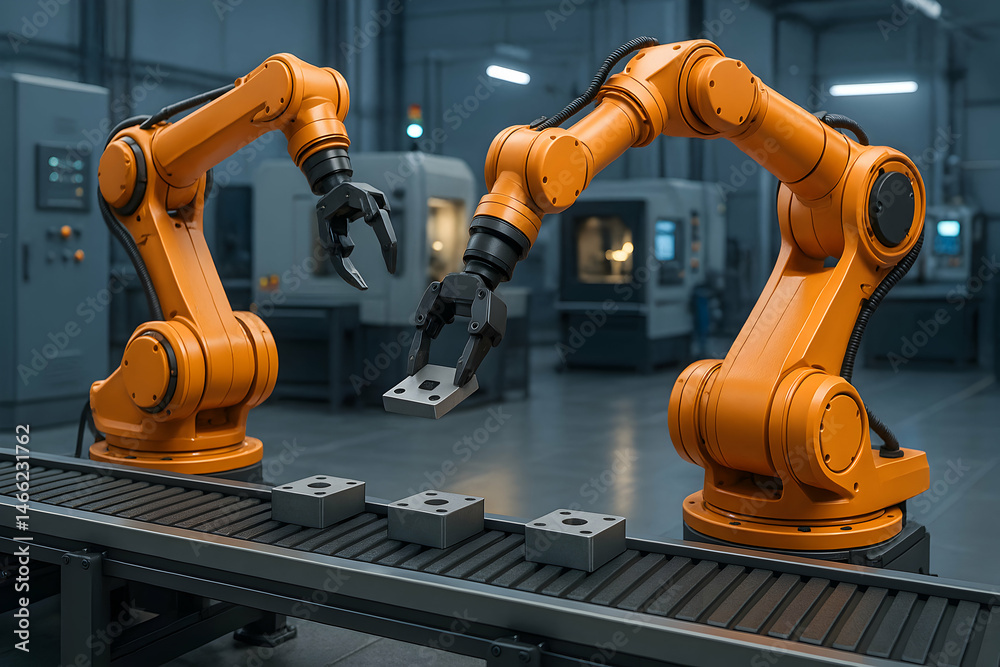 Industrial robotic arms handling products.
