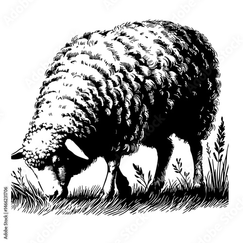 Vintage black and white ink illustration of a sheep grazing in a field, isolated on white background, rustic countryside farm style, detailed classic sketch.