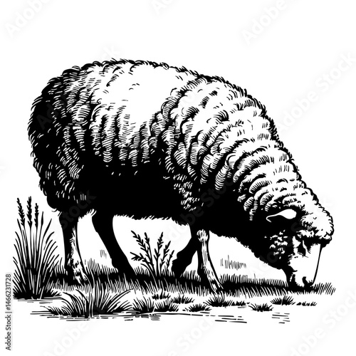 Vintage black and white ink illustration of a sheep grazing in a field, isolated on white background, rustic countryside farm style, detailed classic sketch.